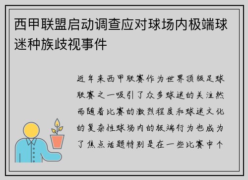 西甲联盟启动调查应对球场内极端球迷种族歧视事件 西甲联盟启动调查应对球场内极端球迷种族歧视事件