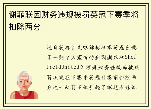 谢菲联因财务违规被罚英冠下赛季将扣除两分 谢菲联因财务违规被罚英冠下赛季将扣除两分